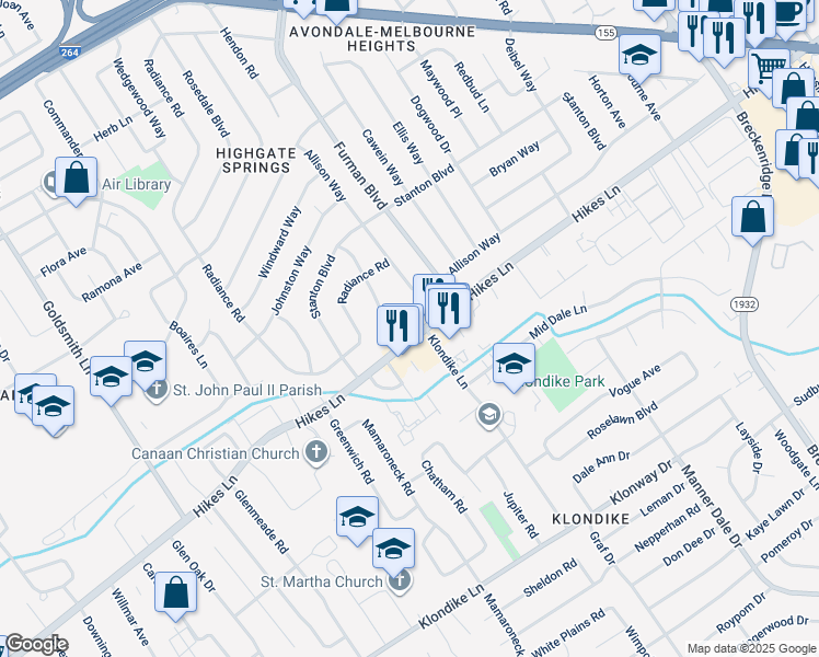 map of restaurants, bars, coffee shops, grocery stores, and more near 2925 Hikes Lane in Louisville