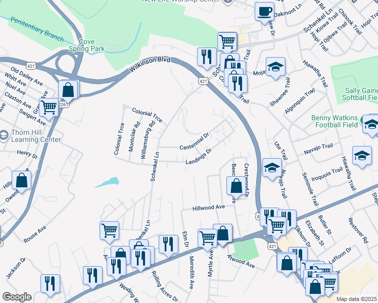 map of restaurants, bars, coffee shops, grocery stores, and more near 172 170 168 166 Centennial Drive in Frankfort