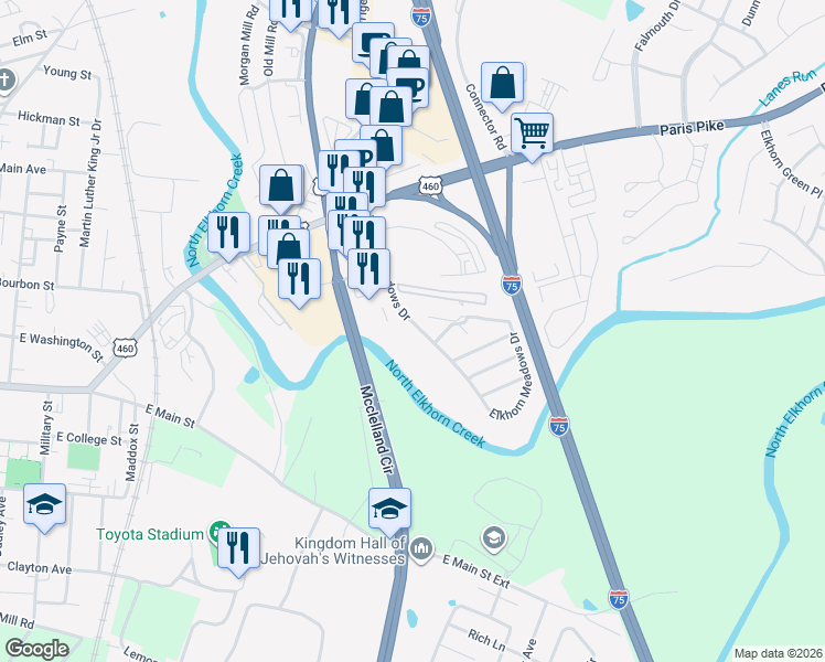 map of restaurants, bars, coffee shops, grocery stores, and more near 162 Elkhorn Meadows Drive in Georgetown