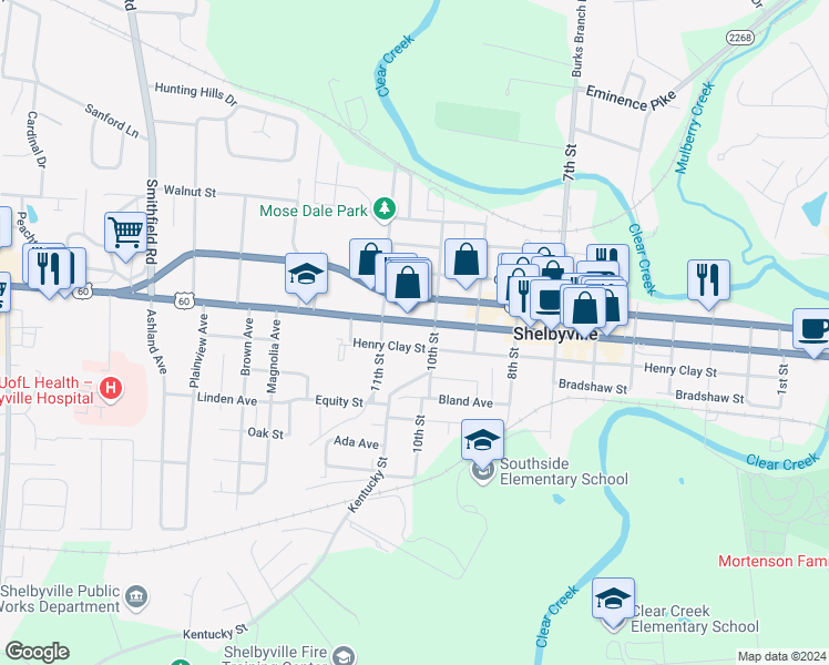 map of restaurants, bars, coffee shops, grocery stores, and more near 1011 Henry Clay Street in Shelbyville