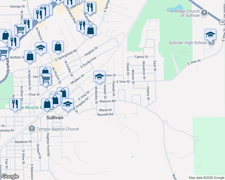 map of restaurants, bars, coffee shops, grocery stores, and more near 337 Sewell Street in Sullivan