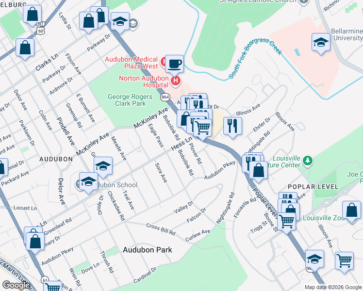 map of restaurants, bars, coffee shops, grocery stores, and more near 3105 Bobolink Road in Louisville