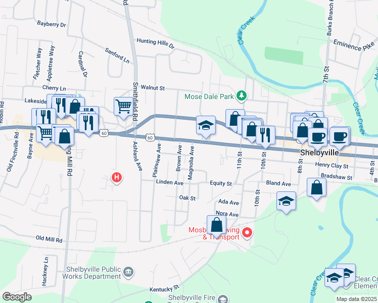 map of restaurants, bars, coffee shops, grocery stores, and more near 518 Magnolia Avenue in Shelbyville