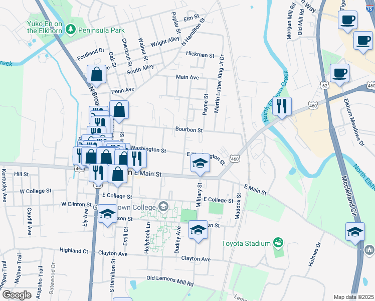 map of restaurants, bars, coffee shops, grocery stores, and more near 202 Chambers Avenue in Georgetown