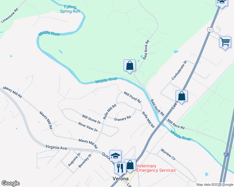map of restaurants, bars, coffee shops, grocery stores, and more near 28 Mill Pond Road in Verona