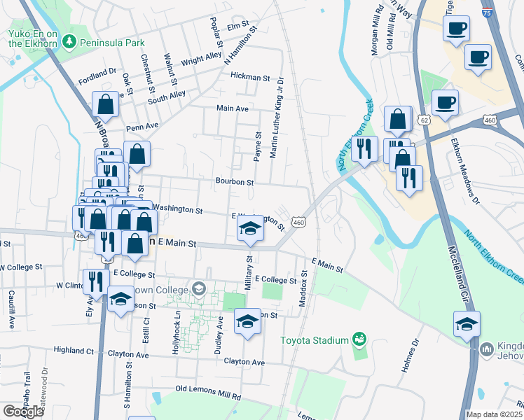 map of restaurants, bars, coffee shops, grocery stores, and more near 525 East Washington Street in Georgetown