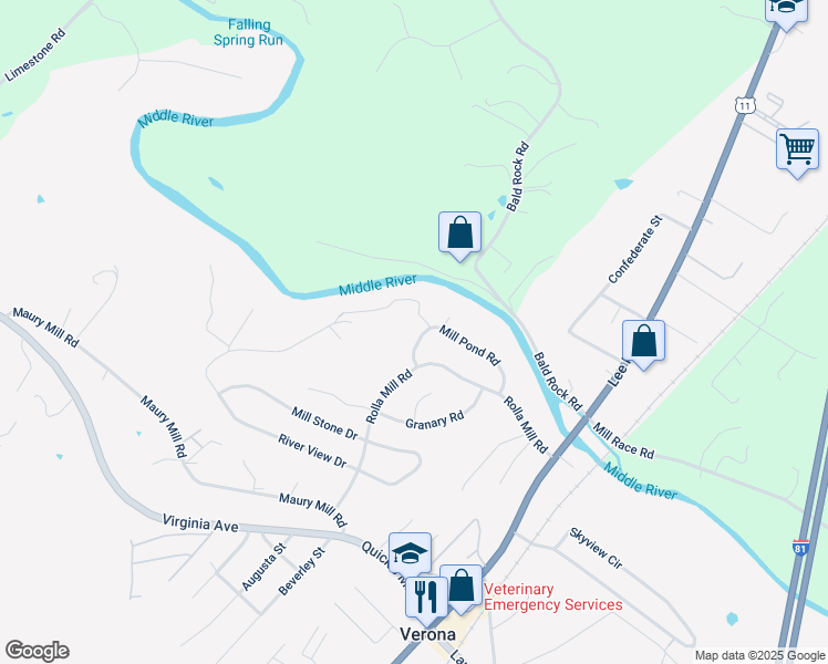 map of restaurants, bars, coffee shops, grocery stores, and more near 28 Mill Pond Road in Verona