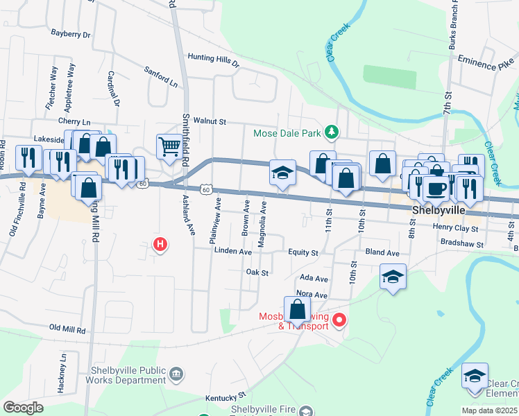 map of restaurants, bars, coffee shops, grocery stores, and more near 516 Magnolia Avenue in Shelbyville