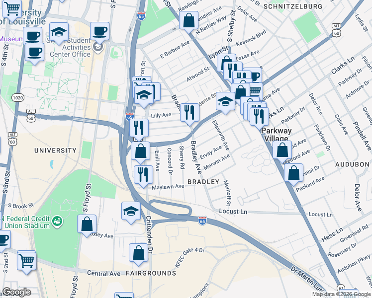 map of restaurants, bars, coffee shops, grocery stores, and more near 2410 Bradley Avenue in Louisville