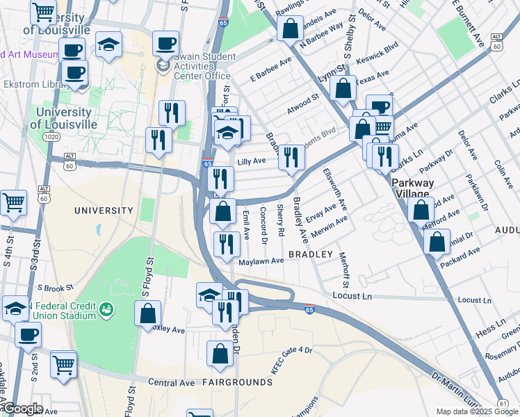 map of restaurants, bars, coffee shops, grocery stores, and more near 2403 Concord Drive in Louisville