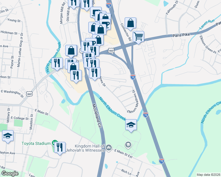 map of restaurants, bars, coffee shops, grocery stores, and more near 162 Elkhorn Meadows Drive in Georgetown
