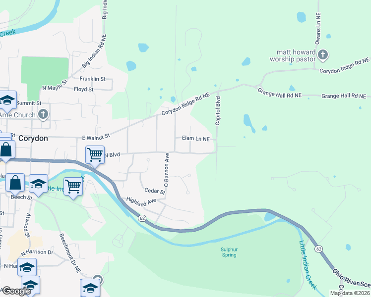 map of restaurants, bars, coffee shops, grocery stores, and more near 957 Capitol Boulevard in Corydon