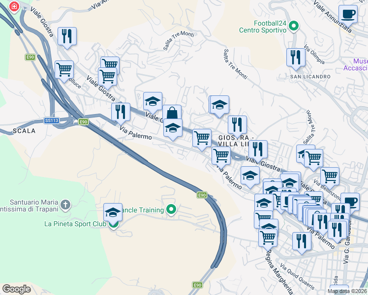 map of restaurants, bars, coffee shops, grocery stores, and more near 409 Via Palermo in Messina