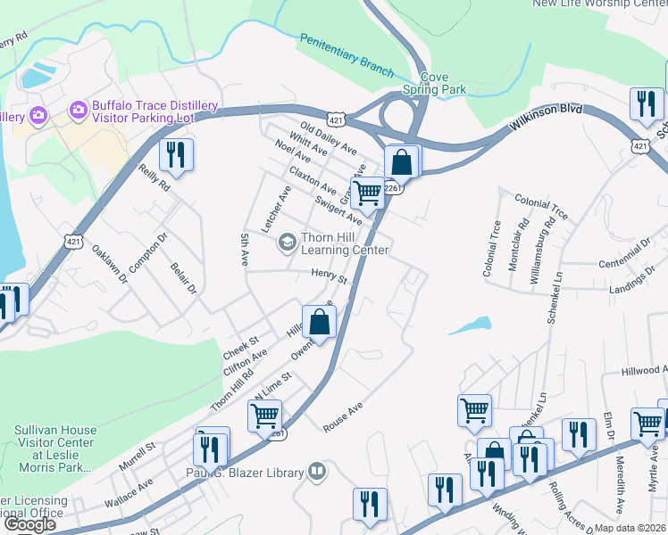map of restaurants, bars, coffee shops, grocery stores, and more near 101 Henry Street in Frankfort