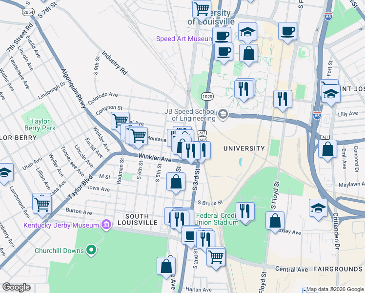 map of restaurants, bars, coffee shops, grocery stores, and more near 2605 South 4th Street in Louisville