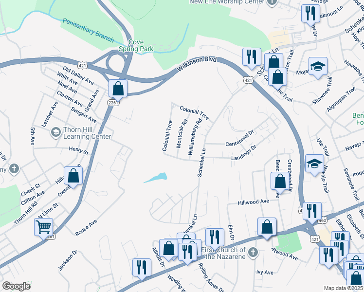 map of restaurants, bars, coffee shops, grocery stores, and more near 609 Montclair Road in Frankfort