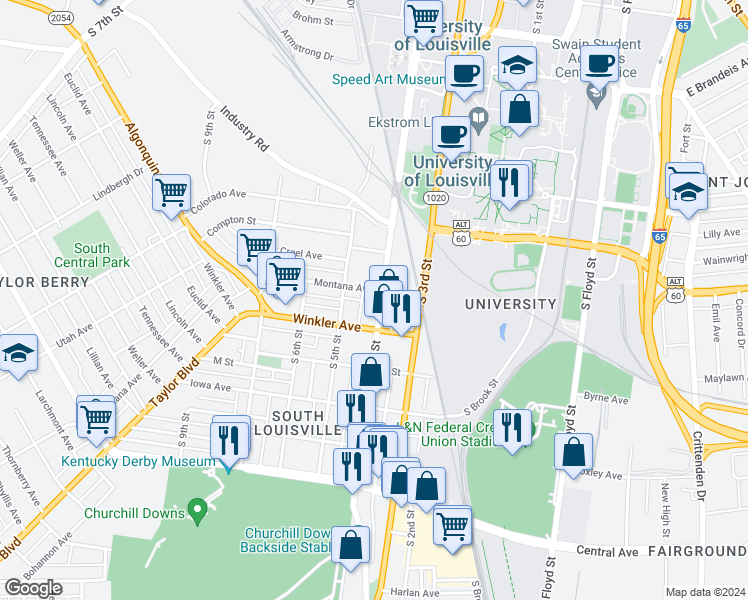 map of restaurants, bars, coffee shops, grocery stores, and more near 2606 South 4th Street in Louisville