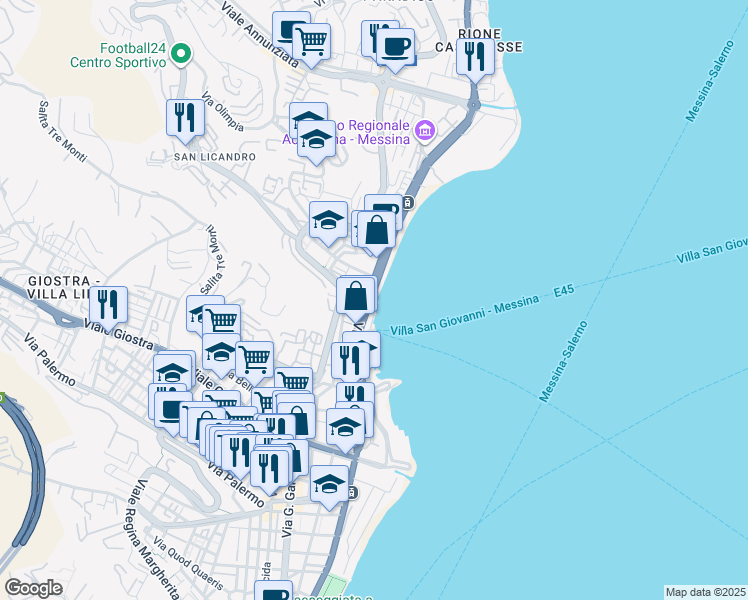 map of restaurants, bars, coffee shops, grocery stores, and more near 40 Viale della Libertà in Messina