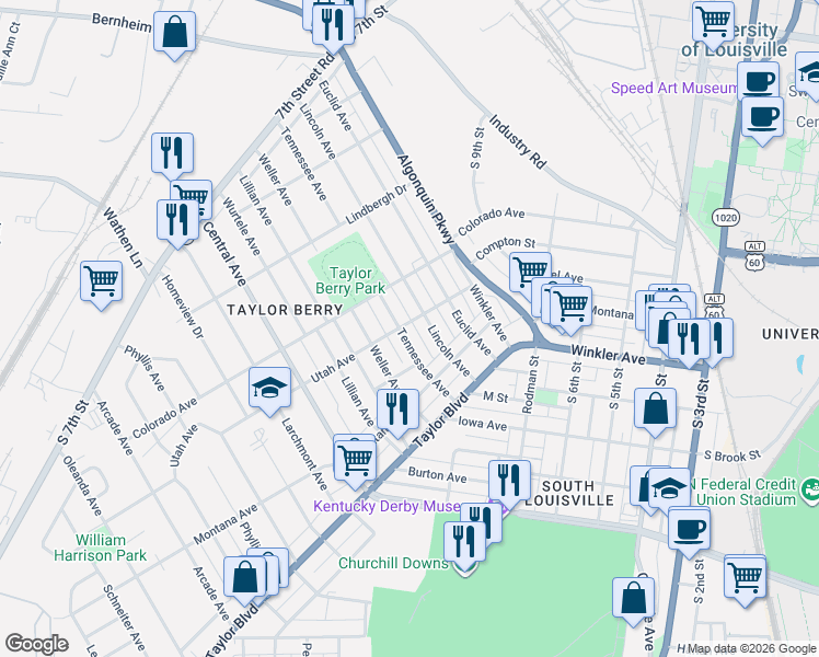 map of restaurants, bars, coffee shops, grocery stores, and more near 1043 Tennessee Avenue in Louisville