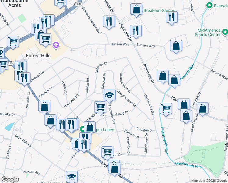 map of restaurants, bars, coffee shops, grocery stores, and more near 9902 Welshpool Court in Jeffersontown