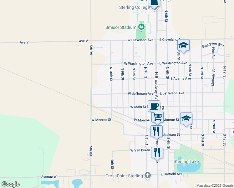 map of restaurants, bars, coffee shops, grocery stores, and more near 451 West Jefferson Avenue in Sterling