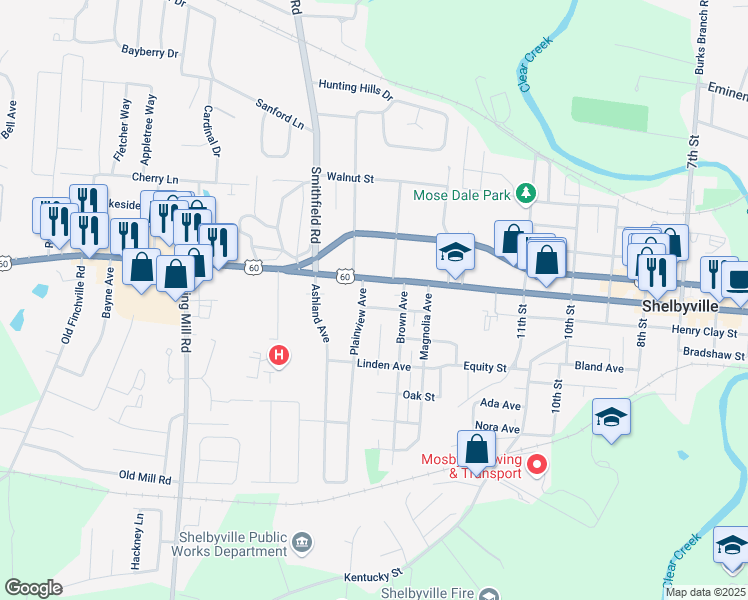map of restaurants, bars, coffee shops, grocery stores, and more near 1312 Maple Street in Shelbyville
