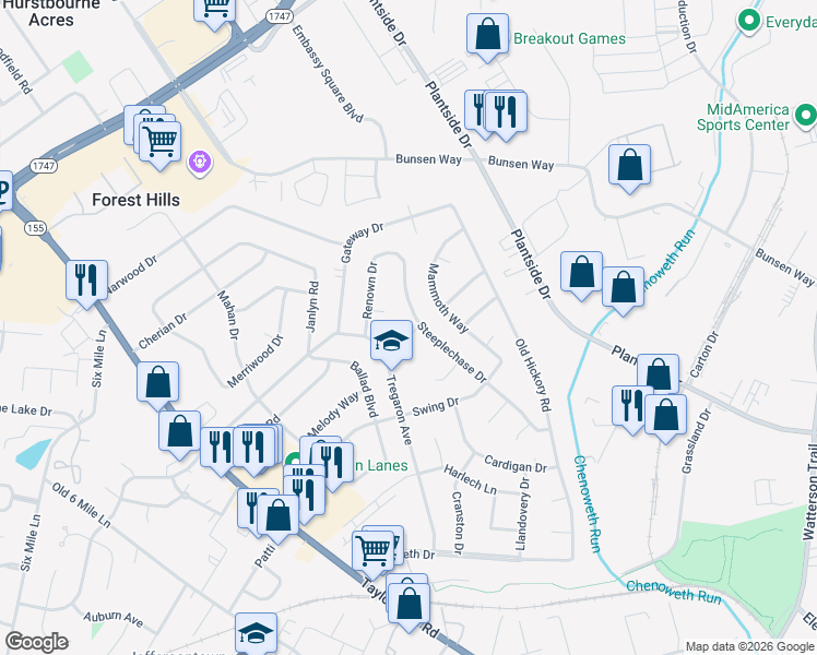map of restaurants, bars, coffee shops, grocery stores, and more near 9902 Welshpool Court in Jeffersontown