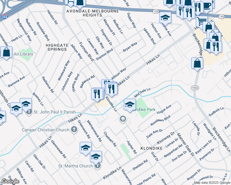 map of restaurants, bars, coffee shops, grocery stores, and more near 3000R Hikes Lane in Louisville