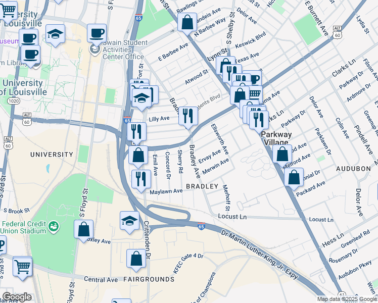 map of restaurants, bars, coffee shops, grocery stores, and more near 2410 Bradley Avenue in Louisville