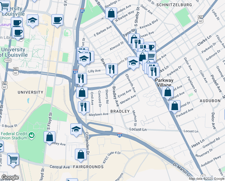 map of restaurants, bars, coffee shops, grocery stores, and more near 2410 Bradley Avenue in Louisville