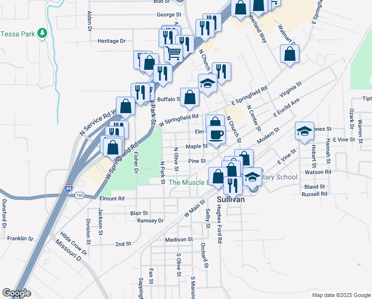 map of restaurants, bars, coffee shops, grocery stores, and more near 308 Maple Street in Sullivan