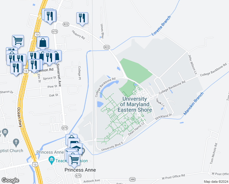 map of restaurants, bars, coffee shops, grocery stores, and more near 11868 Academic Oval in Princess Anne