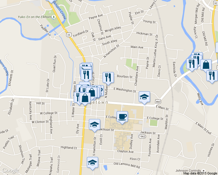 map of restaurants, bars, coffee shops, grocery stores, and more near 303 East Washington Street in Georgetown