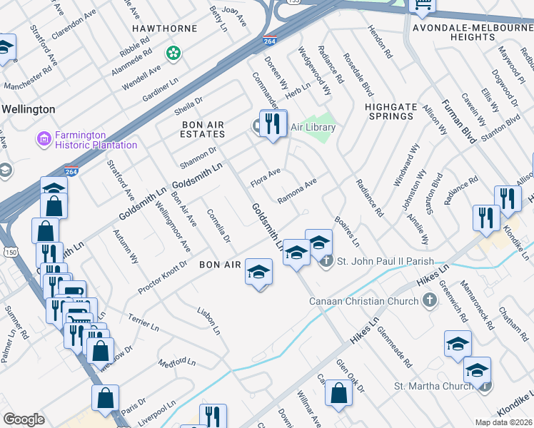 map of restaurants, bars, coffee shops, grocery stores, and more near 3327 Goldsmith Lane in Louisville