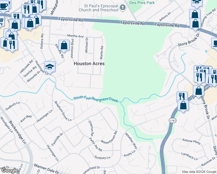 map of restaurants, bars, coffee shops, grocery stores, and more near 4226 Dolphin Road in Louisville
