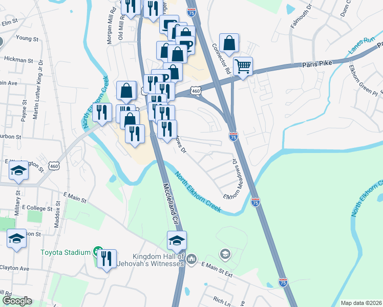 map of restaurants, bars, coffee shops, grocery stores, and more near 162 Elkhorn Meadows Drive in Georgetown