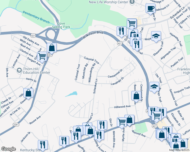 map of restaurants, bars, coffee shops, grocery stores, and more near 432 Schenkel Lane in Frankfort