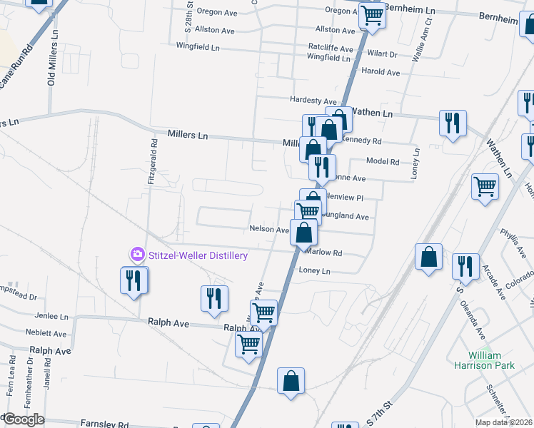 map of restaurants, bars, coffee shops, grocery stores, and more near 1909 Nelson Avenue in Louisville