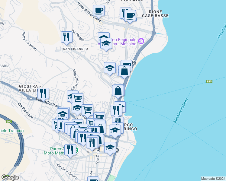 map of restaurants, bars, coffee shops, grocery stores, and more near 121 Viale Regina Elena in Messina
