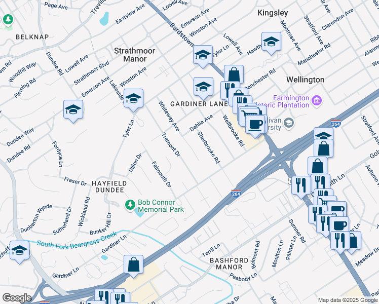 map of restaurants, bars, coffee shops, grocery stores, and more near 3010 Whiteway Avenue in Louisville