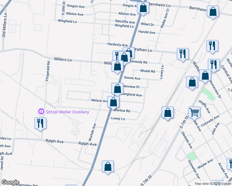 map of restaurants, bars, coffee shops, grocery stores, and more near Youngland Avenue in Louisville