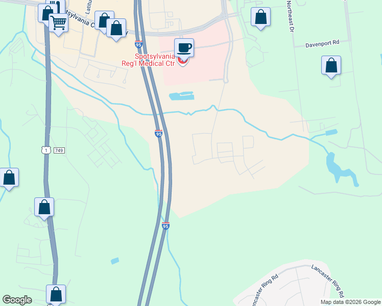 map of restaurants, bars, coffee shops, grocery stores, and more near 9300 Sun Bluff Way in Fredericksburg