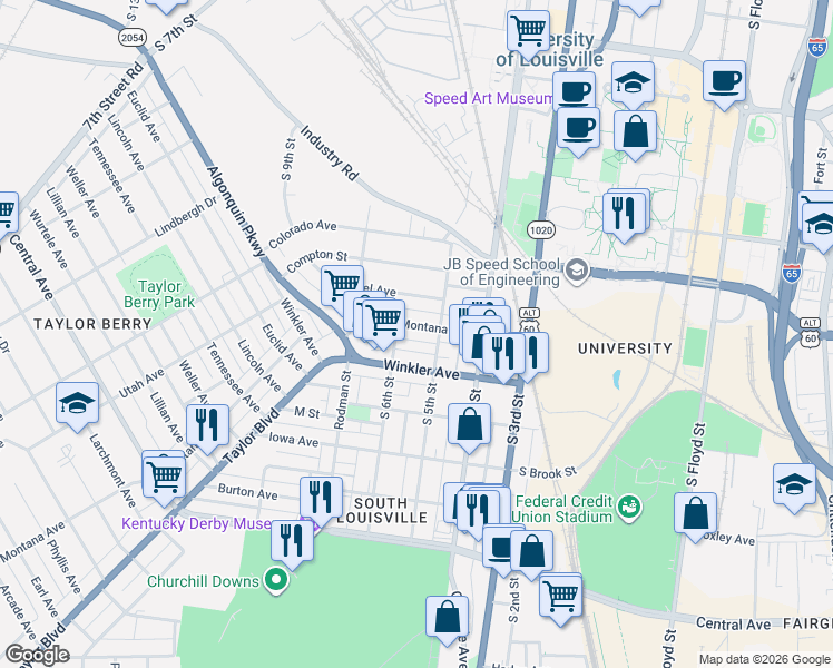 map of restaurants, bars, coffee shops, grocery stores, and more near 517 Winkler Avenue in Louisville