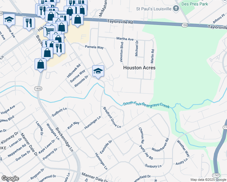 map of restaurants, bars, coffee shops, grocery stores, and more near 7800 Snowball Court in Louisville