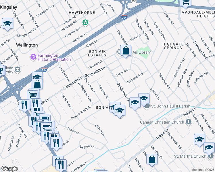 map of restaurants, bars, coffee shops, grocery stores, and more near 3327 Cornelia Drive in Louisville