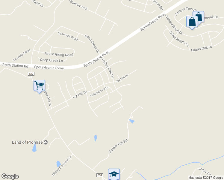 map of restaurants, bars, coffee shops, grocery stores, and more near 9217 Wild Spruce Drive in Fredericksburg