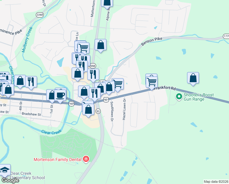 map of restaurants, bars, coffee shops, grocery stores, and more near 335 Frankfort Road in Shelbyville