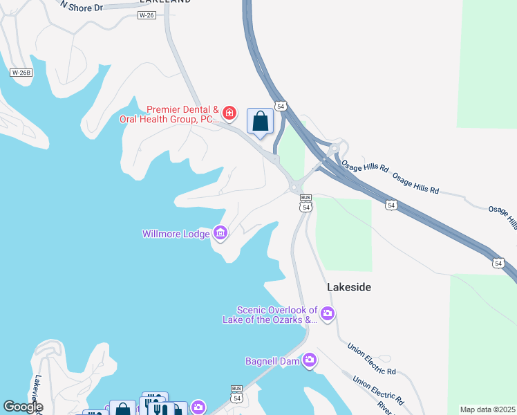 map of restaurants, bars, coffee shops, grocery stores, and more near Wilmore Lane in Lake Ozark