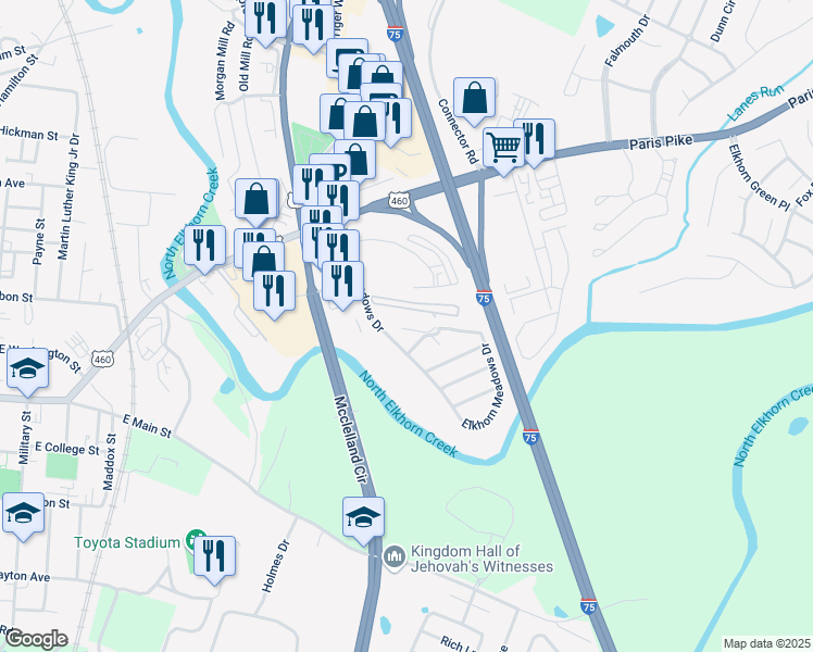 map of restaurants, bars, coffee shops, grocery stores, and more near 191 Elkhorn Meadows Drive in Georgetown