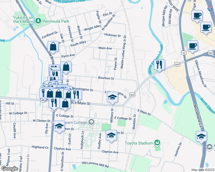 map of restaurants, bars, coffee shops, grocery stores, and more near 202 Chambers Avenue in Georgetown